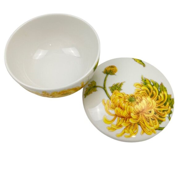 Vintage Minh Long Porcelain Trinket Dish w Lid Yellow Chrysanthemum Design - Picture 5 of 11